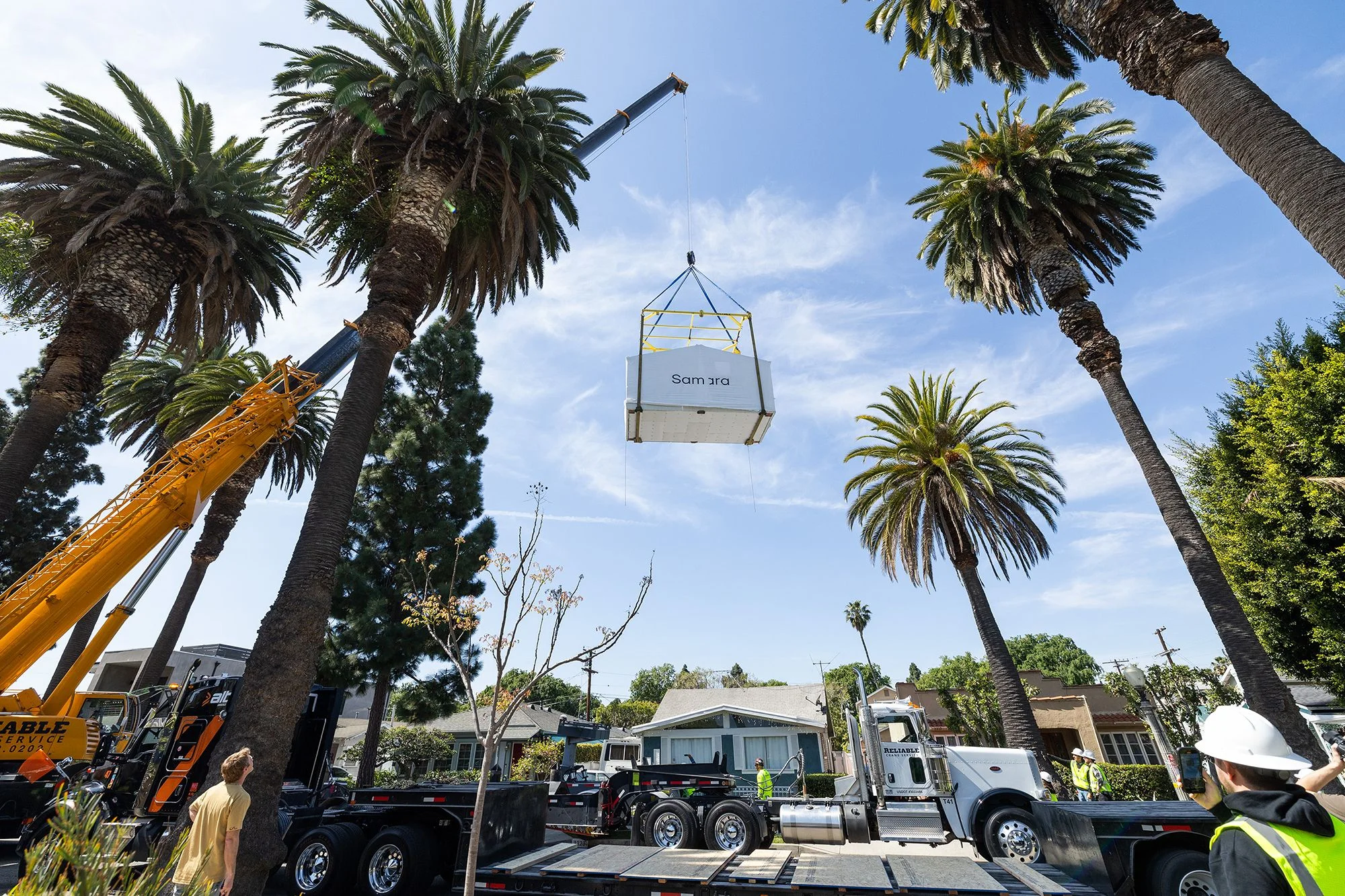A Samara XL modular house is lowered into place at a project site in Culver City, Calif.