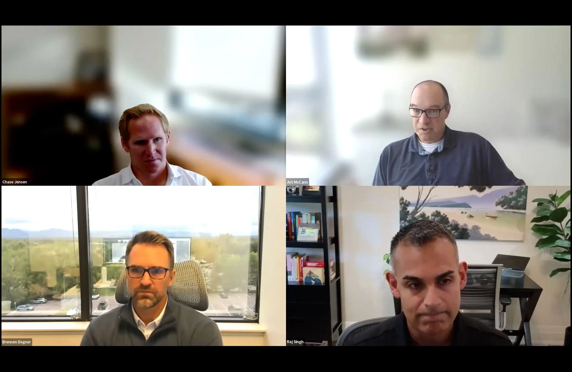 Commercial Observer's virtual AI Forum. Clockwise from top left: Chase Jensen, Art McCann, Raj Singh and Brenen Degner.